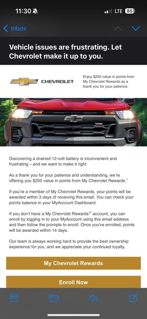 An email one 2023 Colorado owner recently received offering $250 in Chevrolet Rewards Points