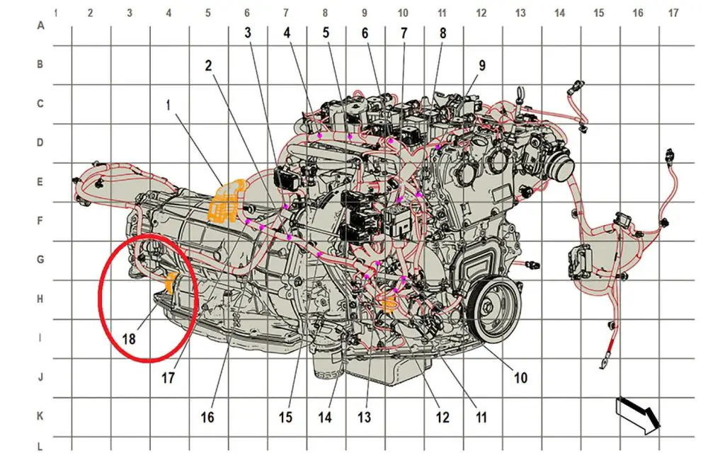 An engine diagram showing the location of the electrical connector that needs checked for loose terminal pins