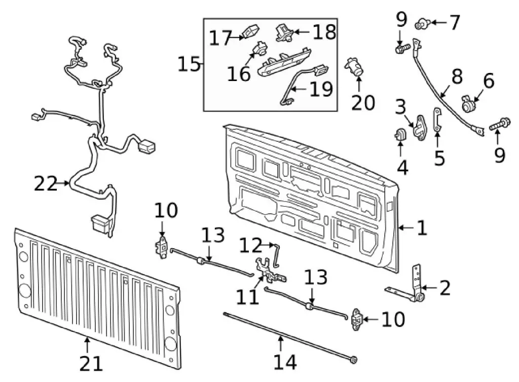 A diagram of the tailgate on a 2020+ Silverado or Sierra pickup