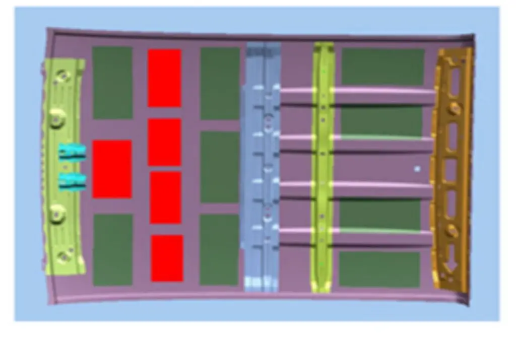 A diagram showing the location service technicians should place five stiffening panels to the roof of 2023 Colorado and Canyon Pickups