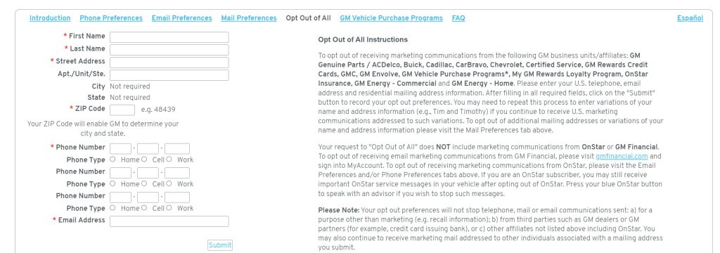 The types of data you can request and/or opt out of from General Motors varies considerably depending on which state you reside in. 