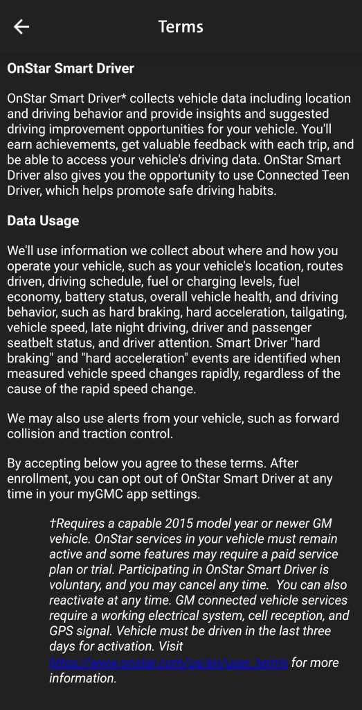 The Terms of Service for OnStar Smart Driver