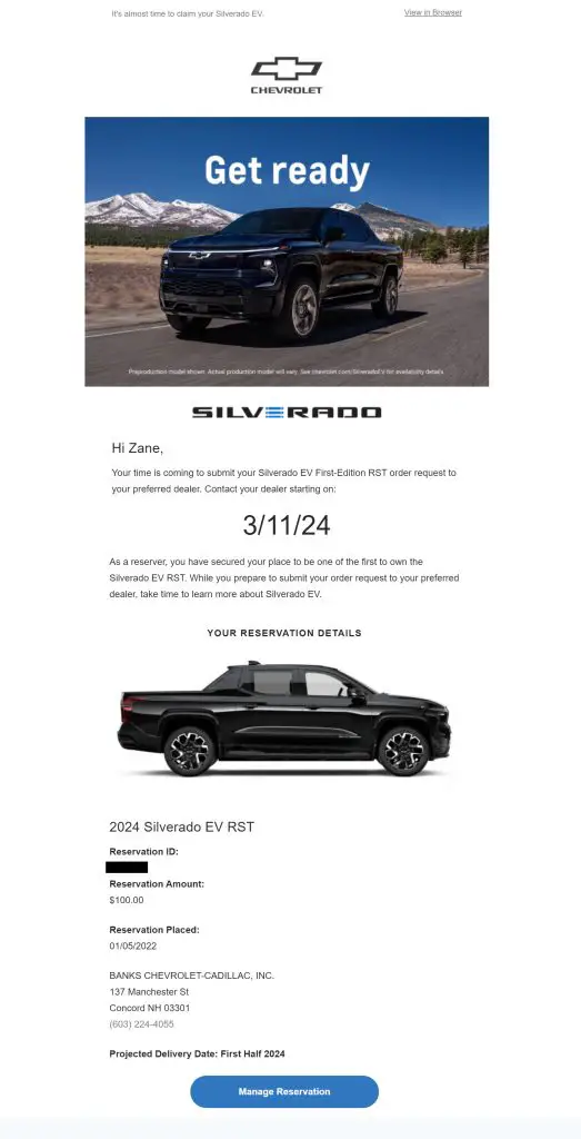 The email that someone would get if they reserved a Chevrolet Silverado EV First Edition RST 