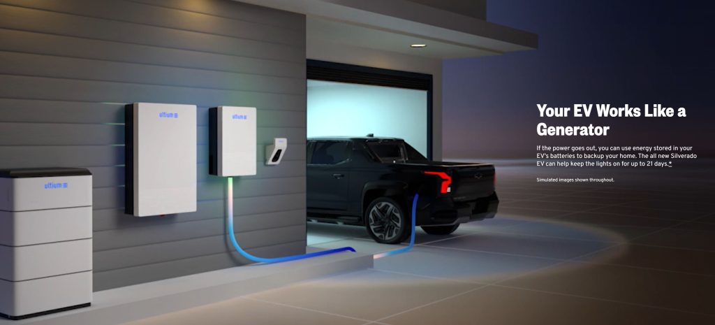 A Silverado EV powering a home through a GM Energy Powershift Charger