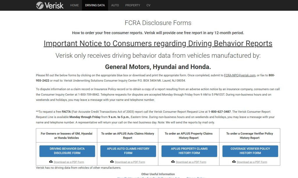 The Verisk website for requesting your vehicle data report