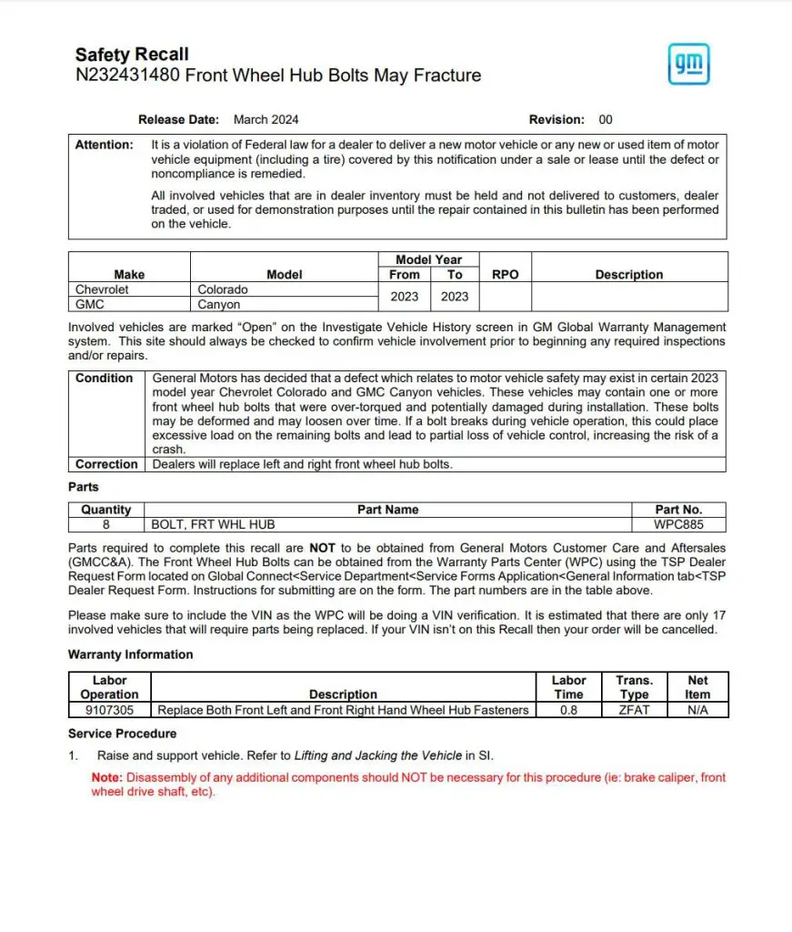 #N232431480: Safety Recall - Front Wheel Hub Bolts MayFracture - (Mar 28, 2024)