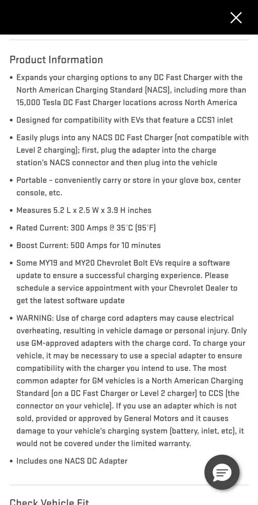 The fine print and specs for General Motors Tesla NACS Adapter