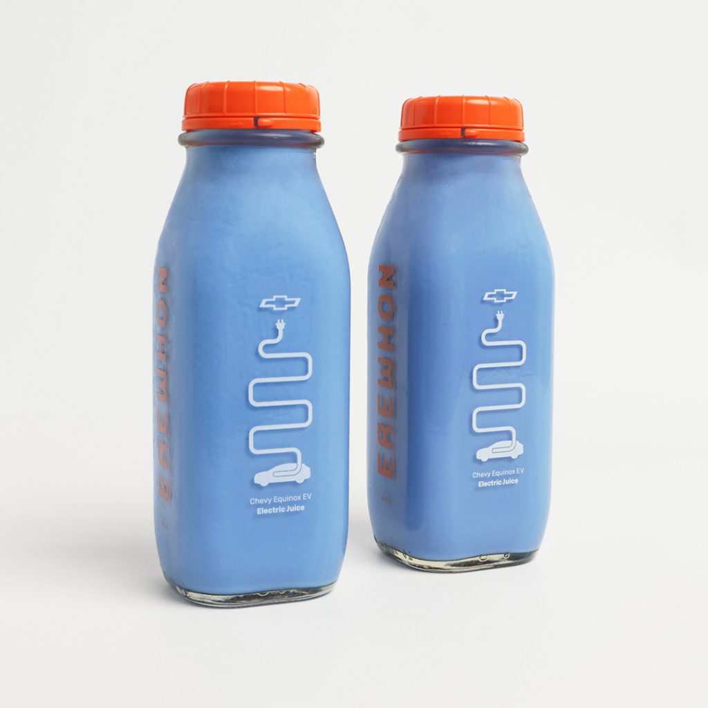 Two bottles of Equinox EV “Electric Juice”.