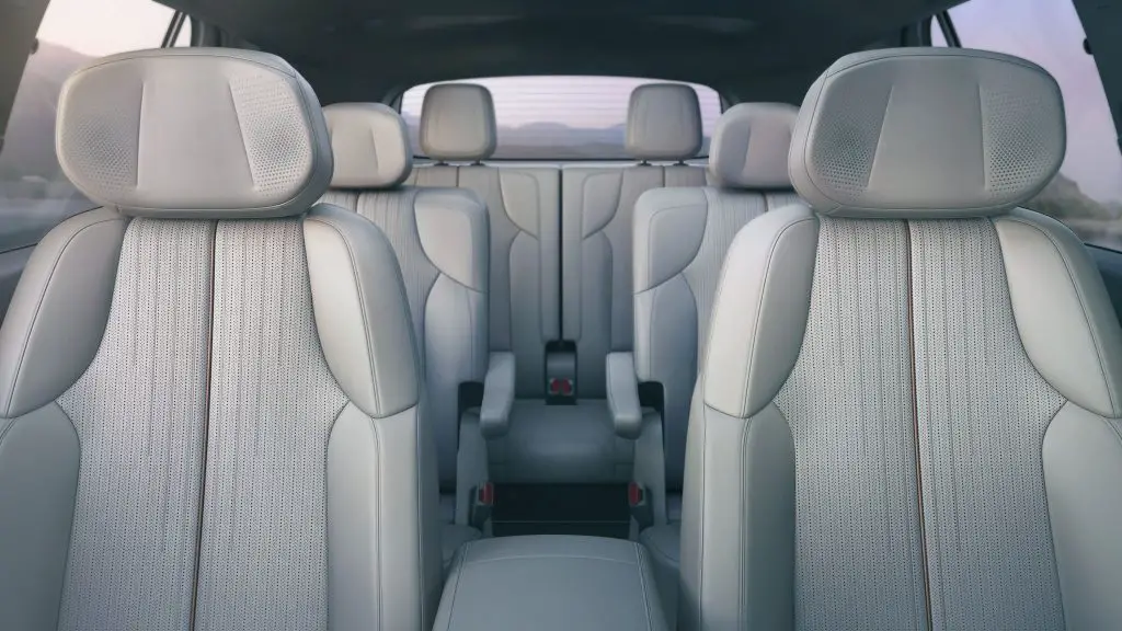 Interior seating of the 2026 Cadillac Vistiq EV showing all three rows of premium leather seats.