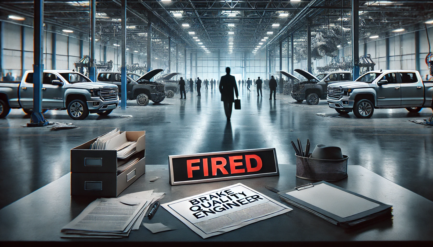 Vacant desk with a 'Brake Quality Engineer' nameplate marked 'FIRED,' symbolizing layoffs at an automotive company. Shadowy figures walk away in the background as Silverado and Sierra trucks are partially visible in a dimly lit industrial workspace